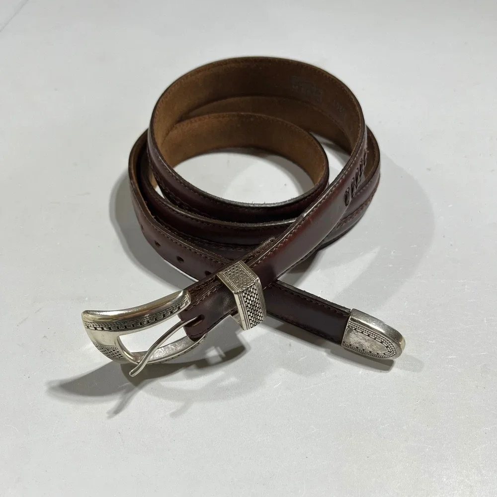 Brighton Onyx Brown Leather Western Belt Braided Silver Buckle Vintage Mens 54